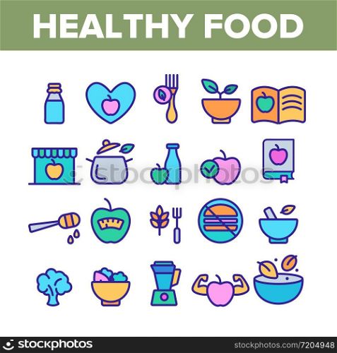 Healthy Food Nutrition Collection Icons Set Vector Thin Line. Honey, Broccoli And Apple Ingredients Health Breakfast Food Concept Linear Pictograms. Color Contour Illustrations. Healthy Food Nutrition Collection Icons Color Set Vector