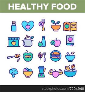 Healthy Food Nutrition Collection Icons Set Vector Thin Line. Honey, Broccoli And Apple Ingredients Health Breakfast Food Concept Linear Pictograms. Color Contour Illustrations. Healthy Food Nutrition Collection Icons Color Set Vector