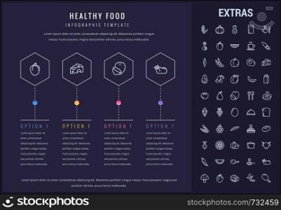 Healthy food options infographic template, elements and icons. Infograph includes line icon set with food plate, restaurant meal ingredients, eat plan, healthy fruits and vegetables, milk product etc.. Healthy food infographic template, elements, icons