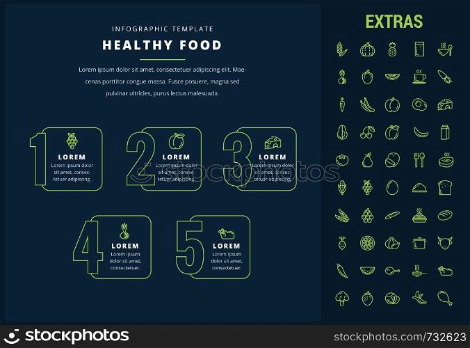 Healthy food options infographic template, elements and icons. Infograph includes line icon set with food plate, restaurant meal ingredients, eat plan, healthy fruits and vegetables, milk product etc.. Healthy food infographic template, elements, icons
