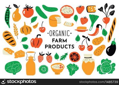 Healthy food, organic products set. Funny doodle hand drawn vector illustration. Farm market cute nutrition collection. Natural fruits, vegetables and dairy. Isolated on white.