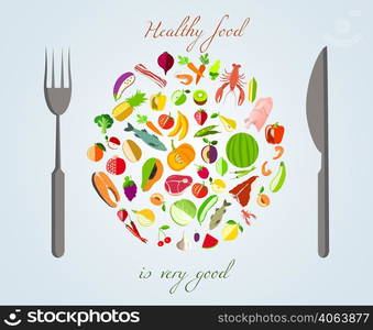 Healthy food plate made of fruits vegetables meat and fish with fork and knife concept vector illustration