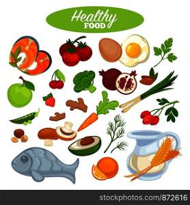 Healthy food poster or natural organic vegetables, fruits or fish. Vector design for health lifestyle vegan vtiamin nutrition and healthy food diet and vegetarian eating. Healthy food poster or natural organic vegetables, fruits or fish products