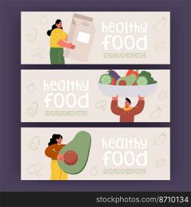 Healthy food posters with people holding big vegetables and milk box. Vector banners of diet and fresh organic products with flat illustration of men and women with salad in bowl and avocado. Healthy food posters with vegetables and milk box