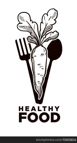 Healthy food, ripe carrot and cutlery monochrome sketch outline vector. Nutrient health ingredient, vegetarian meal eco nourishment, nutritional juicy eating. Vegetable to detox organism, dieting. Healthy food, ripe carrot and cutlery monochrome sketch