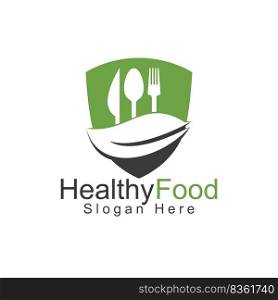 Healthy food shield logo template. Organic food logo with spoon, fork, knife and leaf symbol. 