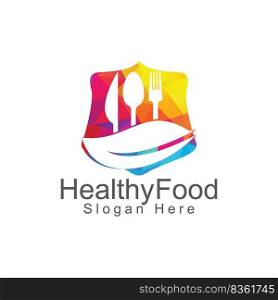Healthy food shield logo template. Organic food logo with spoon, fork, knife and leaf symbol. 