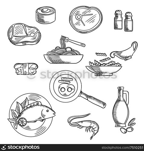 Healthy food sketch icons of sushi roll and nigiri, pasta and spaghetti with sauce, raw beef steaks, grilled fish, shrimp, fried eggs with sausages, olive oil bottle, salt and pepper . Healthy breakfast and lunch sketched icons
