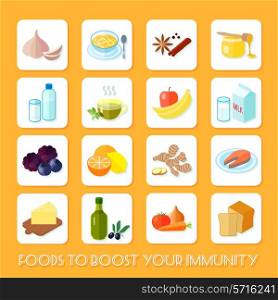 Healthy food that boost your immunity icons flat set isolated vector illustration