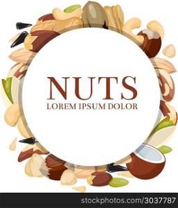 Healthy food vector concept with different nuts. Healthy food vector concept with different nuts. Round banner with nuts and illustration raw seed and cashew nut