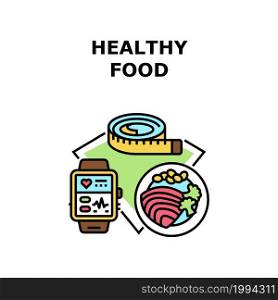 Healthy Food Vector Icon Concept. Natural Dietary And Healthy Food, Health Monitoring Fitness Bracelet And Measuring Waist Tape. Healthcare Organic Dish With Vegetables Color Illustration. Healthy Food Vector Concept Color Illustration