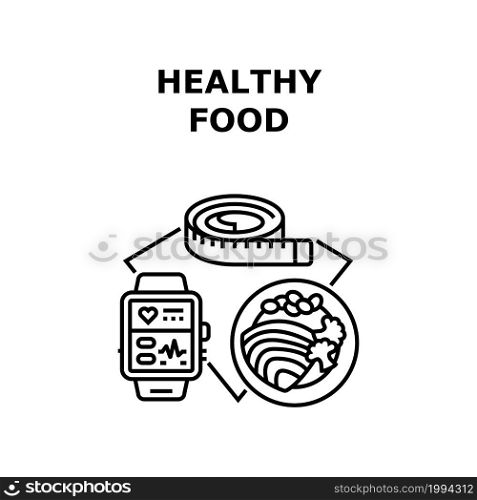 Healthy Food Vector Icon Concept. Natural Dietary And Healthy Food, Health Monitoring Fitness Bracelet And Measuring Waist Tape. Healthcare Organic Dish With Vegetables Black Illustration. Healthy Food Vector Concept Black Illustration