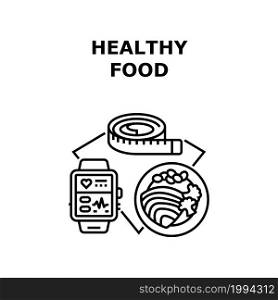 Healthy Food Vector Icon Concept. Natural Dietary And Healthy Food, Health Monitoring Fitness Bracelet And Measuring Waist Tape. Healthcare Organic Dish With Vegetables Black Illustration. Healthy Food Vector Concept Black Illustration