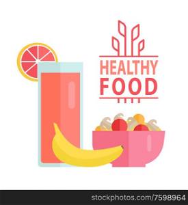 Healthy food vegetables in bowl, mushroom and tomato with potato, banana and fresh in drink with slice of orange, organic product, ingredient vector. Vegetables and Fruit, Healthy Food, Diet Vector