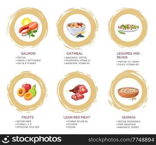 Healthy foods information poster with useful products, content of nutrients and vitamins flat vector illustration. Set of salmon fish, oatmeal, legumes and beans, fresh fruits, lean red meat, quinoa. Healthy foods information poster with useful products, content of nutrients and vitamins