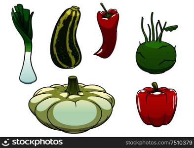 Healthy fresh and ripe farm green striped zucchini, chilli and bell pepper, white pattypan squash, leek and kohlrabi vegetables, isolated on white. Healthy fresh and ripe farm vegetables