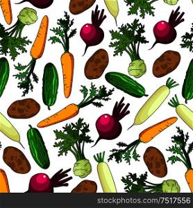 Healthy fresh crunchy carrots and cucumbers, organic ripe potatoes and beetroots, juicy celery with green leaves and daikons vegetables seamless pattern on white background. Healthy organic fresh vegetables seamless pattern