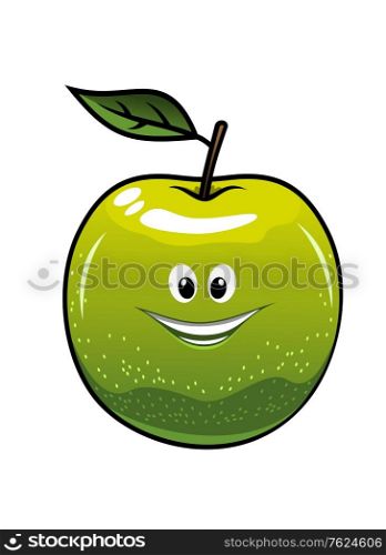 Healthy fresh green cartoon apple with a single leaf and happy smiling face, vector illustration isolated on white