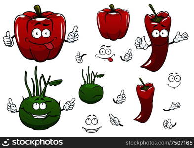 Healthy fresh kohlrabi cabbage, red chili and bell pepper vegetables cartoon characters with happy smiling faces, for agriculture or vegetarian food design. Cartoon kohlrabi, chili and red pepper vegetables