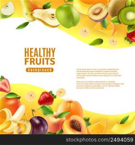 Healthy fresh natural organic fruits diet colorful background banner with tropical bananas and kiwis abstract vector illustration. Healthy Fruits Background Banner