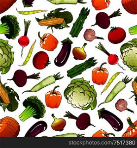 Healthy fresh vegetables background with cartoon seamless pattern of ripe tomatoes, eggplants and beans, sweet corns and bell peppers, pumpkins and beets, green broccolies, asparagus and cauliflowers, pungent onions, garlic and radishes. Healthy fresh seamless vegetables pattern