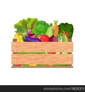 Healthy freshly harvested vegetables in a wooden crate and grocery shopping concept banner. Wooden box with fresh vegetable. Vector illustration in flat style. Healthy freshly harvested vegetables