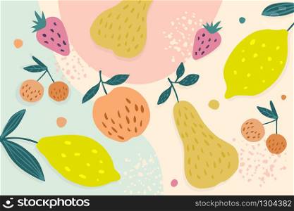 Healthy fruit doodle background. Summer fruit banner with pear, apple, cherry, strawberry, lemon. Vegetarian healthy food. Trendy minimal design. Simple vector illustration.. Healthy fruit doodle background. Summer fruit banner with pear, apple, cherry, strawberry, lemon.