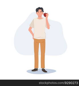 healthy fruit food concept. Full length of a man showing red apple before eating, Flat vector illustration