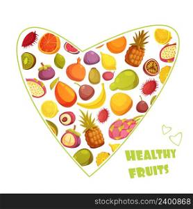 Healthy fruits diet advertisement poster with hart shaped assortment of pear banana grapefruit and pineapple abstract vector illustration . Fruits Heart Shape Retro Style Advertisement