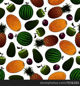 Healthy green apple, avocado, watermelon, violet plum, ripe yellow pineapple and fragrant cantaloupe melon fruits seamless pattern. Organic farming and gardening design. Fresh fruits seamless pattern for food design
