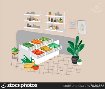 Healthy green eco food in a store or market. Scandinavian style cozy interior with homeplants. Cartoon vector illustration. Healthy green eco food in a store or market. Scandinavian style cozy interior with homeplants. Cartoon vector