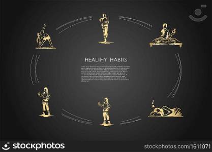 Healthy habits - running, eating healthy food, good sleeping, doing fitness and exercises vector concept set. Hand drawn sketch isolated illustration. Healthy habits - running, eating healthy food, good sleeping, doing fitness and exercises vector concept set