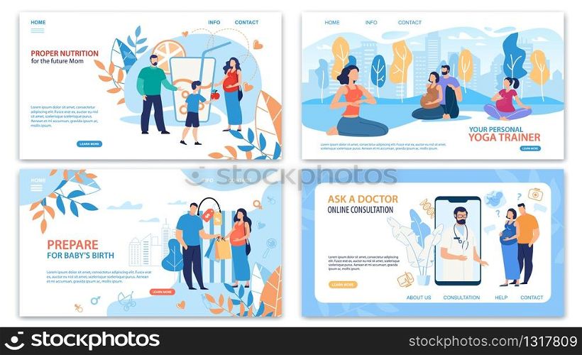 Healthy, Happy Pregnancy Practices Trendy Flat Vector Web Banners, Landing Pages Templates Set. Future Parents Doing Yoga, Shopping Together, Stick to Healthy Diet, Taking Doctors Advices Illustration