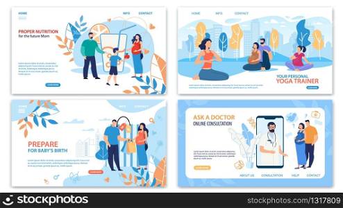 Healthy, Happy Pregnancy Practices Trendy Flat Vector Web Banners, Landing Pages Templates Set. Future Parents Doing Yoga, Shopping Together, Stick to Healthy Diet, Taking Doctors Advices Illustration