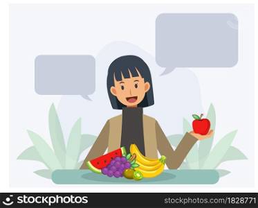 Healthy Healthcare and Dietary Concept.woman holding an apple in hand to Present about nutrition and Vitamin from fruits. Flat vector 2D cartoon character illustration.