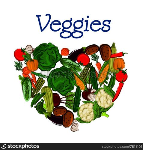 Healthy heart composed of vegetables as tomato, potato, onion, carrot, cabbage, corn cob, cucumber, eggplant, green pea, cauliflower, zucchini, asparagus and garlic beet and broccoli with text Veggies. Healthy heart from fresh vegetables