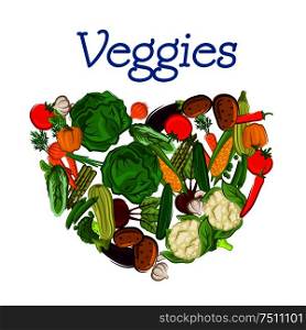 Healthy heart composed of vegetables as tomato, potato, onion, carrot, cabbage, corn cob, cucumber, eggplant, green pea, cauliflower, zucchini, asparagus and garlic beet and broccoli with text Veggies. Healthy heart from fresh vegetables