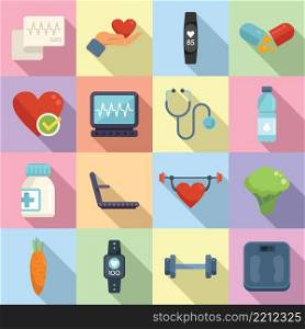 Healthy heart icons set flat vector. Health care. Cardiac medicine. Healthy heart icons set flat vector. Health care