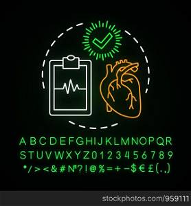 Healthy heart neon light concept icon. Medical treatment, healthcare idea. Glowing sign with alphabet, numbers and symbols. Clipboard with cardiogram and check mark vector isolated illustration