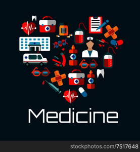 Healthy heart symbol for health care concept or medical services design with flat icons of doctor, hospital and ambulance, blood bags, hearts, pills, teeth and DNA, syringes, first aid kits and microscope, glasses, plasters and medical test clipboards. Healthy heart symbol with medical services icons