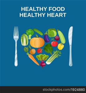 Healthy heart with healthy food diet concept. Vector illustration in flat style. Healthy heart with healthy food concept