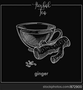 Healthy herbal tea with ginger root in glass cup. Delicious energetic hot drink full of vitamins. Fragrant beverage with slight sour flavor isolated cartoon monochrome sketchy vector illustration.. Healthy herbal tea with ginger root in glass cup
