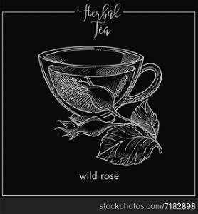 Healthy herbal tea with wild rose monochrome sketch. Hot drink in glass cup with fragrant plant from forest. Natural tasty beverage isolated cartoon flat vector illustration on black background.. Healthy herbal tea with wild rose monochrome sketch