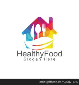 Healthy home food logo template. Organic food logo with spoon, fork, knife and leaf symbol. 