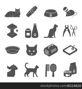 Healthy indoor cat black icons set. Raising healthy indoor cat black icons set with food and care products supply abstract isolated vector illustration