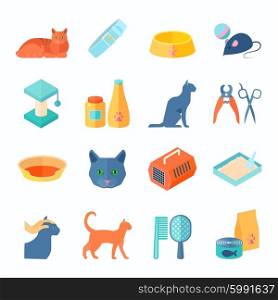 Healthy indoor cat flat icons set. Raising healthy indoor cat flat icons set with food and care products supply abstract isolated vector illustration
