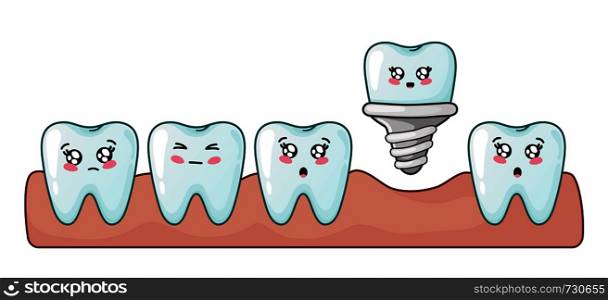Healthy kawaii teeth are together and dental implant, cute cartoon characters, concept of dentistry and prosthetics - implant installation, teeth treatment, oral hygiene and dental care. Vector flat. kawaii dental care