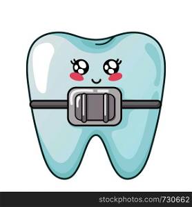Healthy kawaii tooth with dental braces, cute cartoon character, concept of dentistry and orthodontics, teeth treatment, oral hygiene and dental care. Vector flat. kawaii dental care