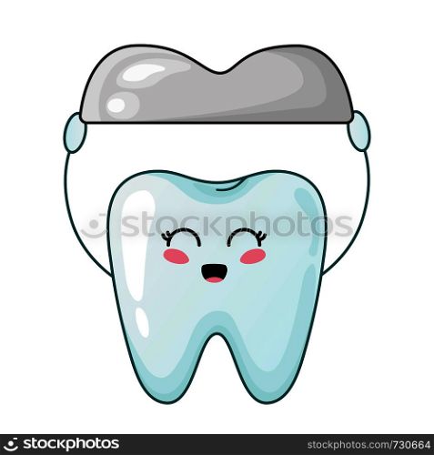 Healthy kawaii tooth with dental metal crown, cute cartoon character, concept of dentistry and orthodontics, teeth treatment, oral hygiene and dental care. Vector flat. kawaii dental care