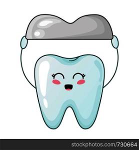 Healthy kawaii tooth with dental metal crown, cute cartoon character, concept of dentistry and orthodontics, teeth treatment, oral hygiene and dental care. Vector flat. kawaii dental care